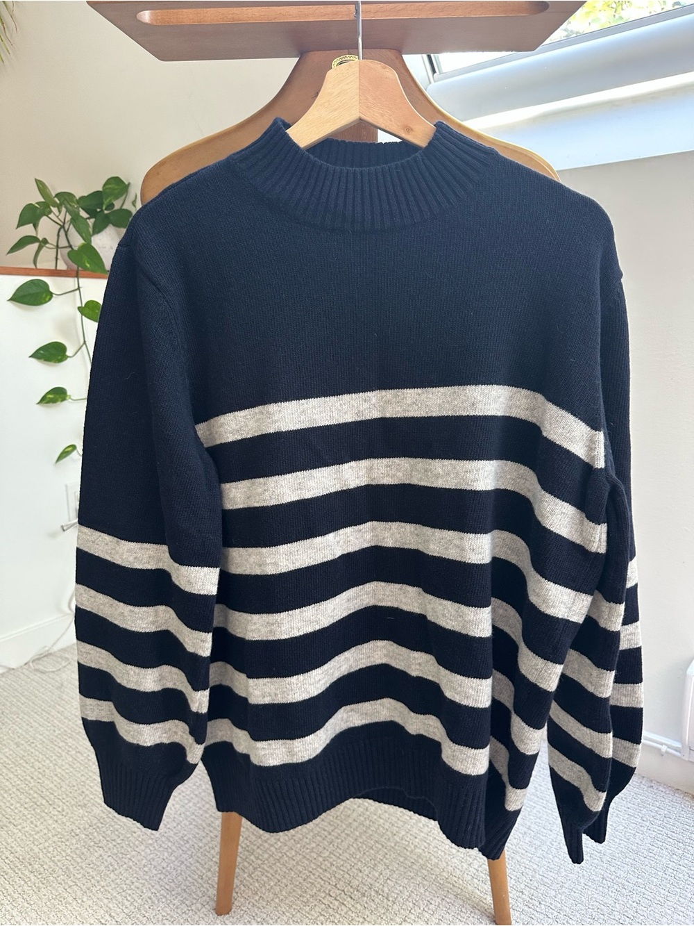 Saint James Black and Cream Striped Crewneck Sweater